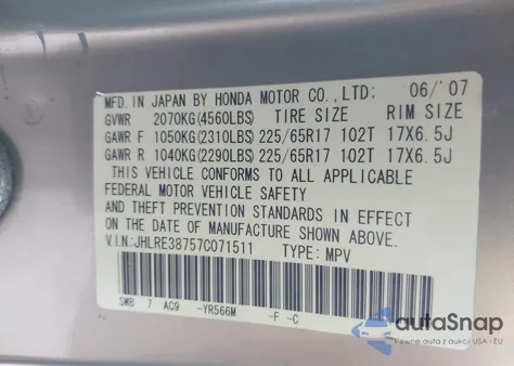 2007 Honda Cr-V Ex-L z USA, uszkodzony, nr VIN JHLRE38757C071511